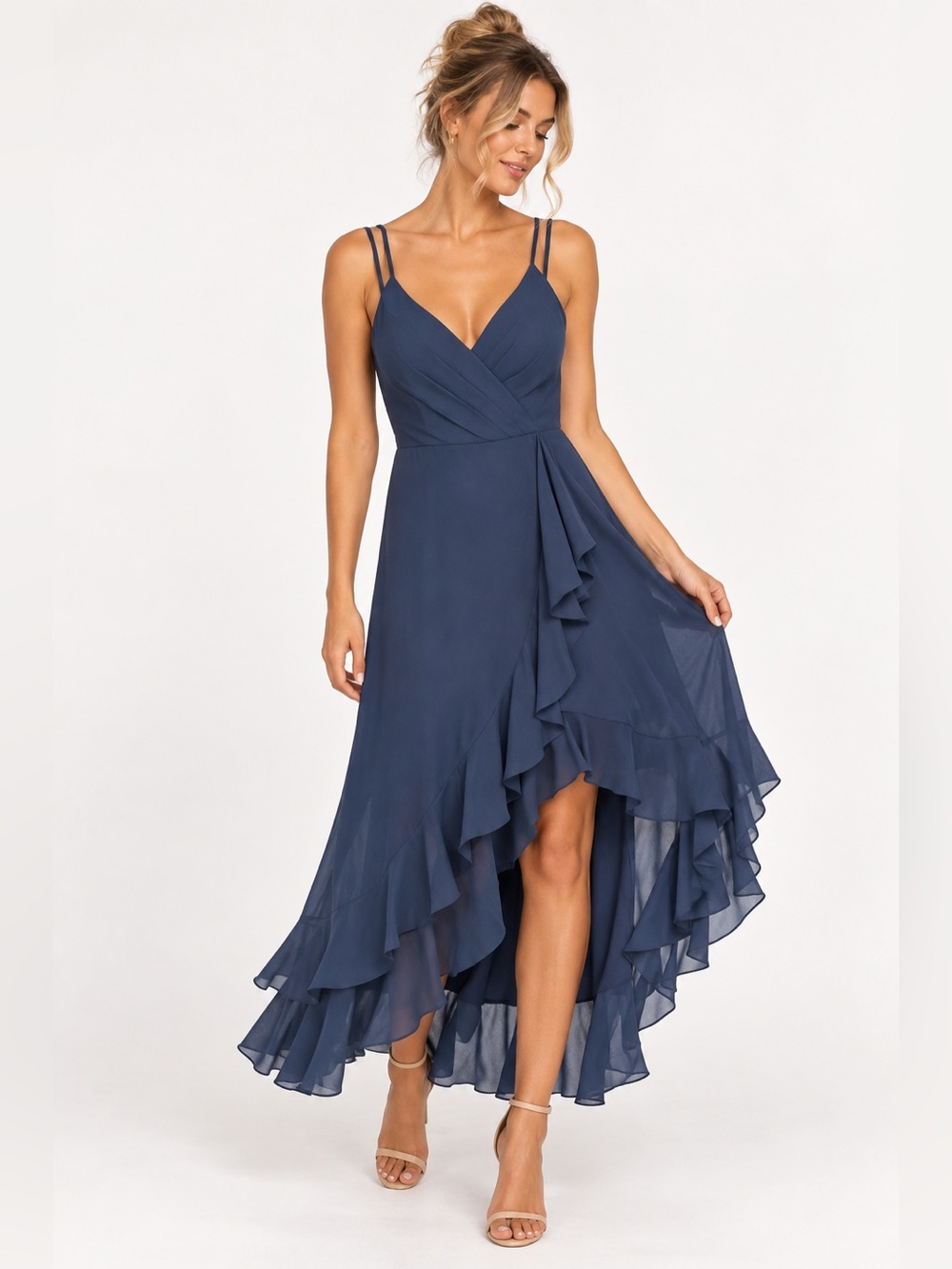 Camille La Vie Double Strap Navy Hi low chiffon Evening Gown 14 excellent!!!